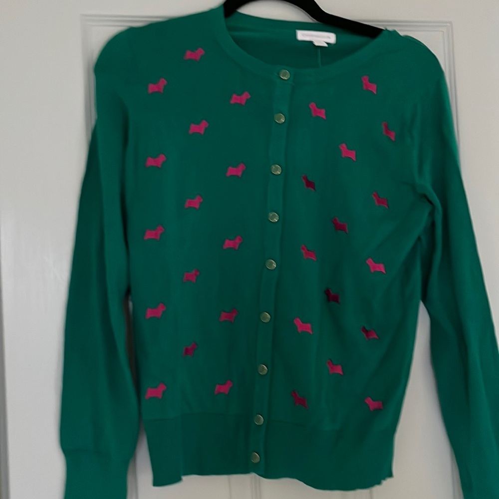 Bright Scotty cardigan green with pink dogs size small